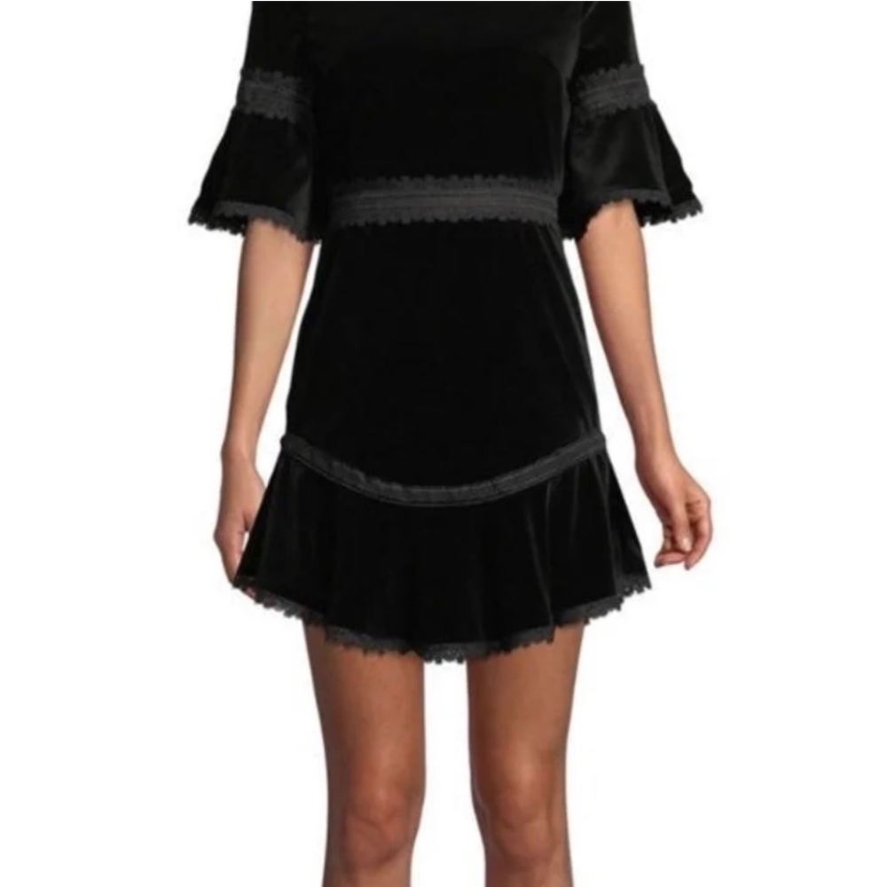 ALICE+OLIVIA: Doloris Velvet Trumpet-Sleeve Dress with Lace Trim Size 6